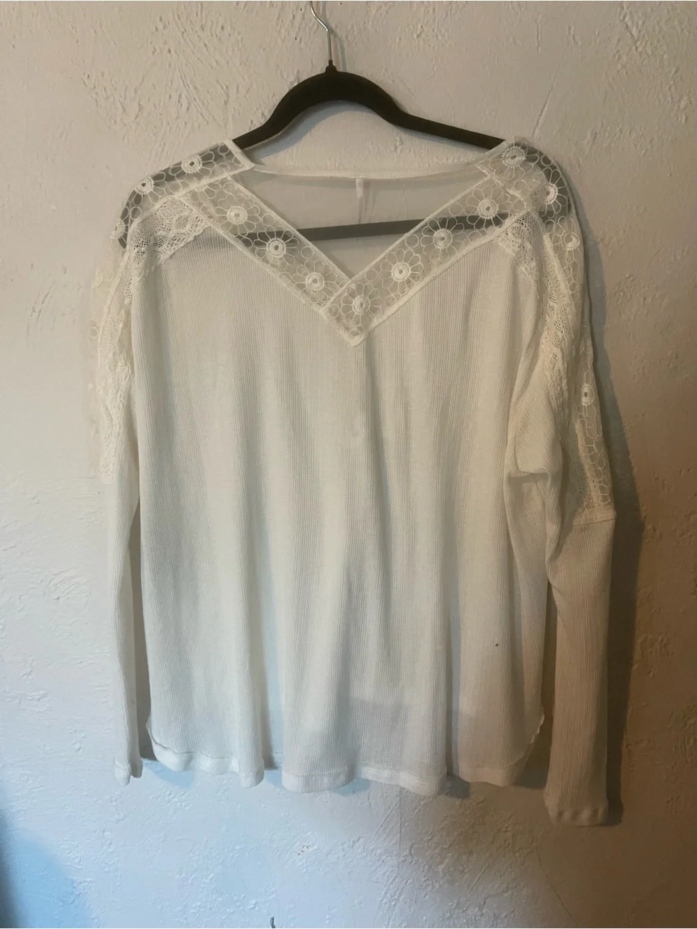 Free People Ivory Lace-Trim V-Neck Long Sleeve Top